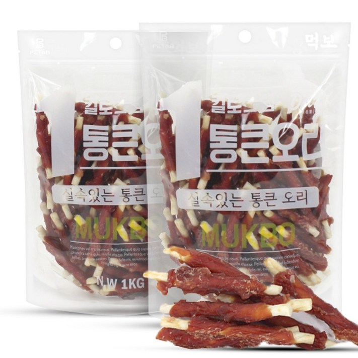 먹보 강아지 대용량 실속 상품 치킨 오리 육포 간식, 2개, 1kg, 오리 말이껌