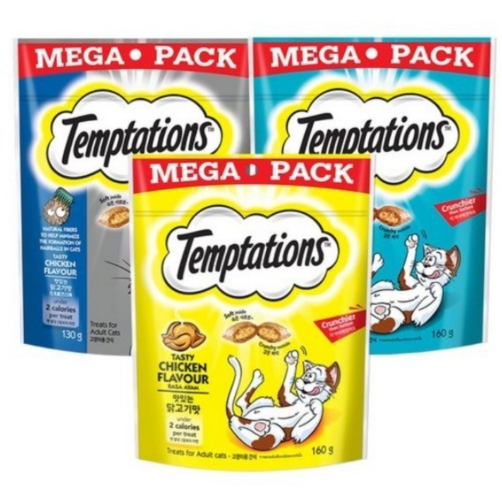 템테이션 메가팩 고양이 간식 3종 세트, 맛있는 닭고기맛,고소한 참치맛헤어볼 컨트롤, 450g, 1세트
