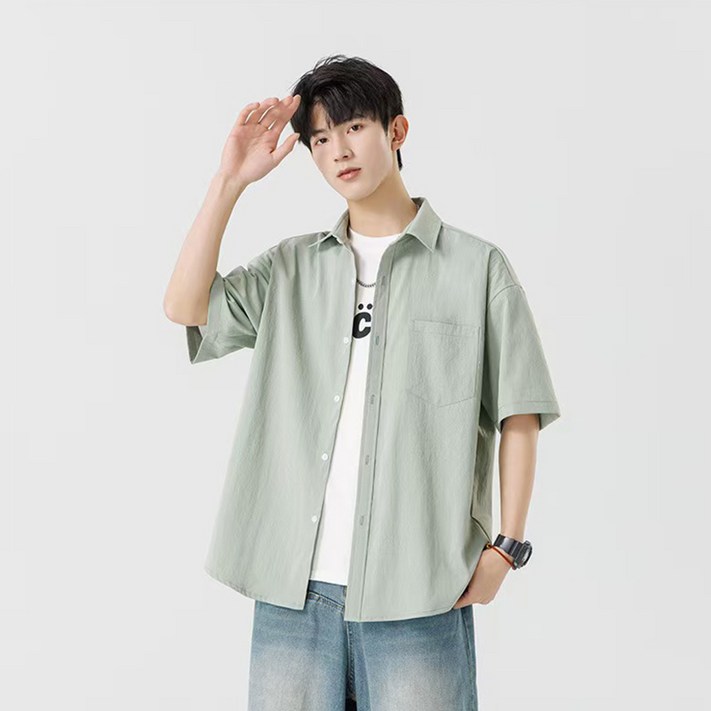 YANGTA 남성용 여름 반팔 링클프리 오버핏 무지 남방