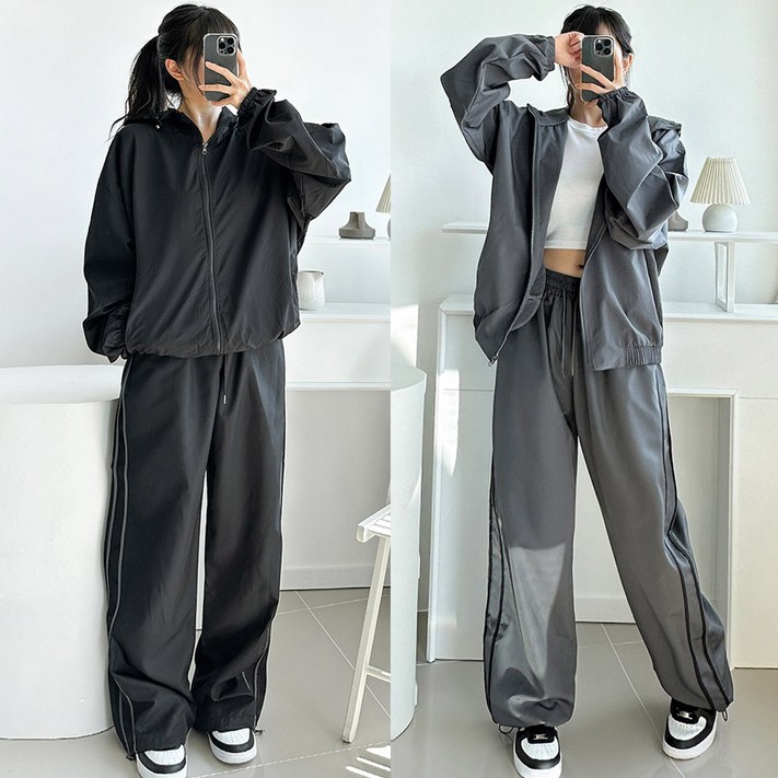 셋업당일발송  2줄 스트링 후드집업세트 꾸안꾸 바스락 트레이닝세트 와이드팬츠 오버핏 후드집업 빅사이즈