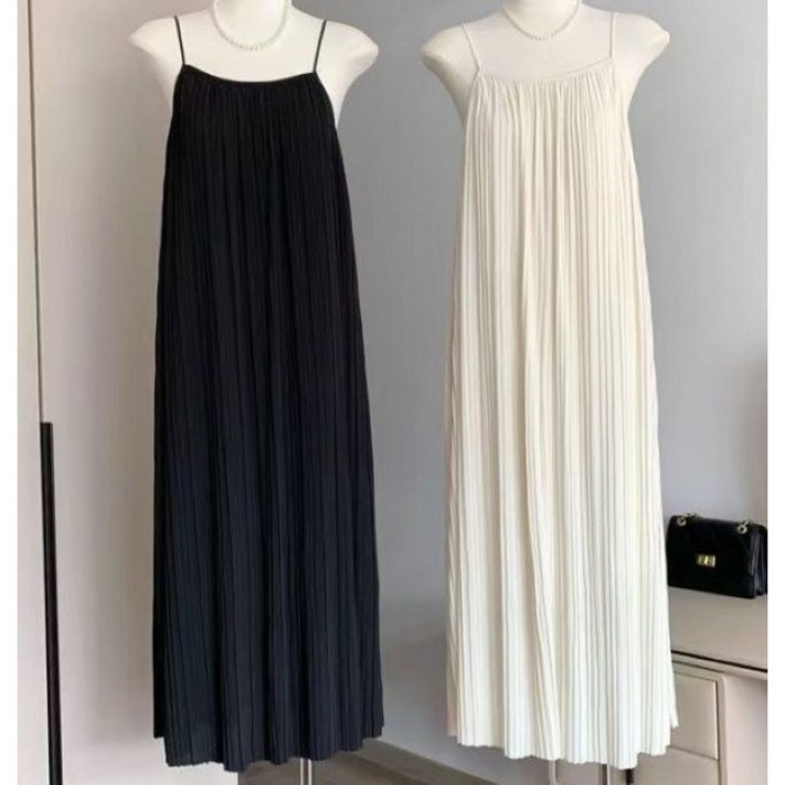 여름 플리츠 끈 롱 원피스 슬림핏 바캉스 데일리 원피스 블랙화이트