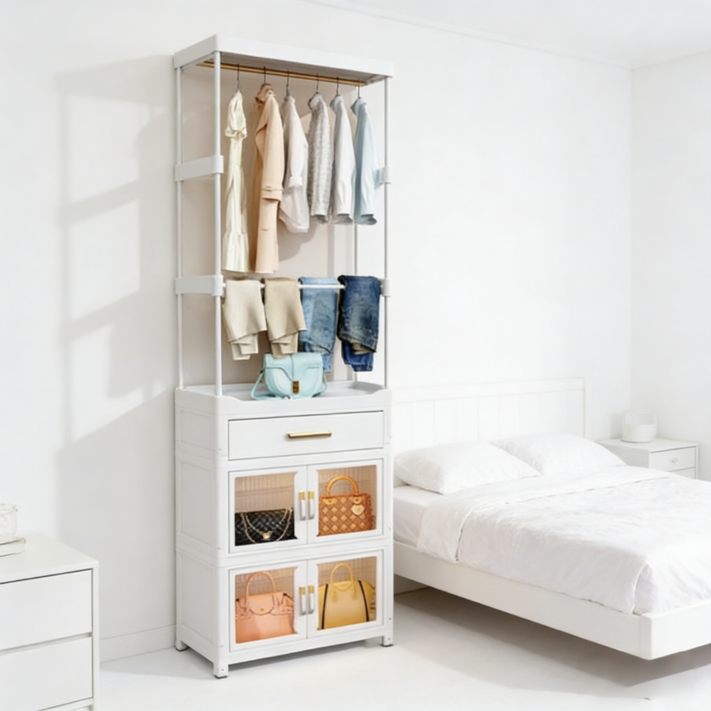 iSOJI 튼튼한 행거 이동식 수납 옷정리 서랍형 옷걸이 정리함 스탠드 행거, 1서랍2수납장