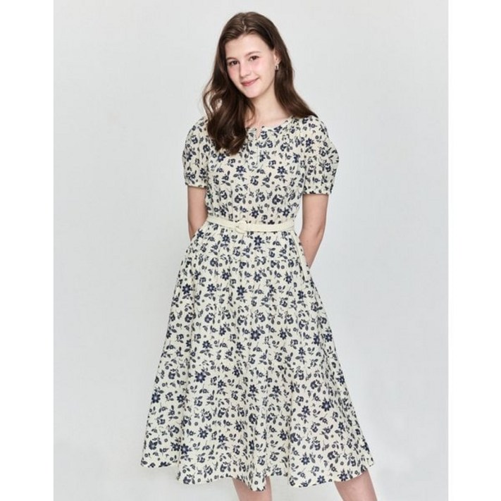 백화점정품 헤지스레이디스 원피스 25SS 면100베이지 플라워 프린트 라운드넥 반소매 HSDR5B306I1 하객 상견례 정장