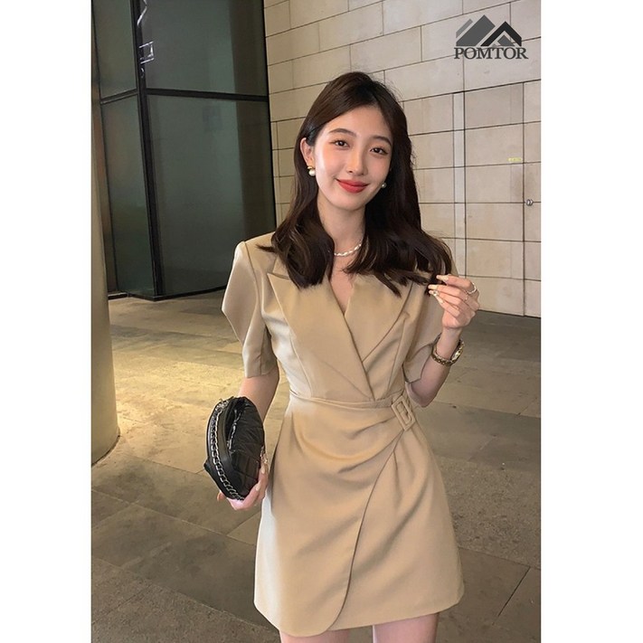 POMTOR 여성 비대칭 정장 카라 플리츠 A라인 하객 미니 원피스세트 POMTOR 여성 비대칭 정장 카라 플리츠 A라인 하객 미니 원피스세트