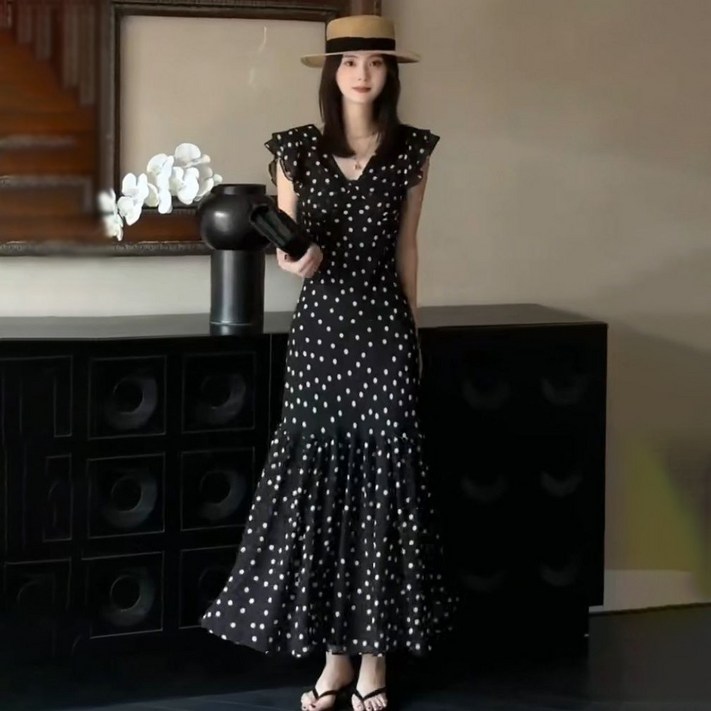 besteffie 여름 여성 쉬폰 도트 원피스 브이넥 러플 소매 롱 드레스 K18