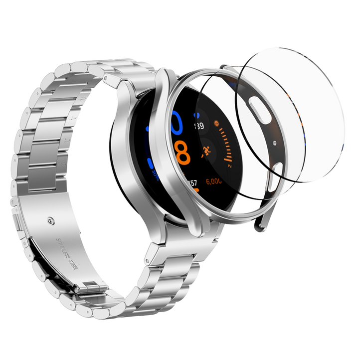 칸탐 스마트워치 메탈 스트랩  강화유리  케이스 세트, 실버, 1세트