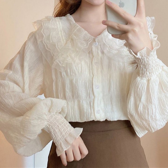 마켓에이 여성용 프릴 카라 퍼프소매 블라우스