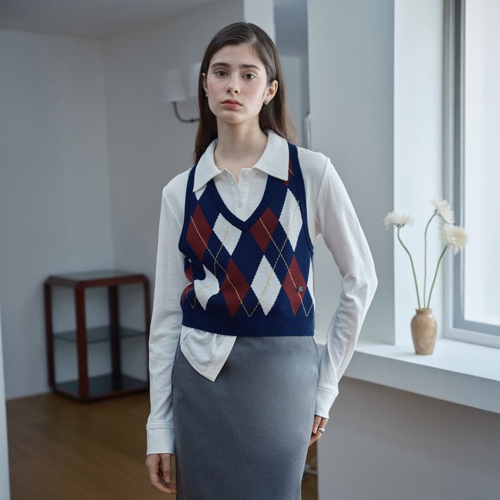 쥬시쥬디 여성용 아가일 홀터 니트 면 베스트 JZKT621E