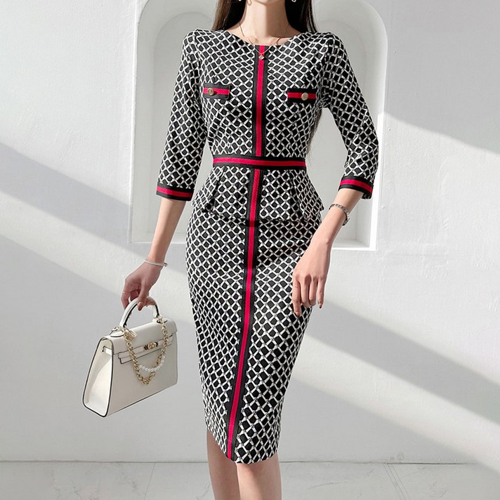 비비에모 그리드 슬림핏 배색 원피스 11361