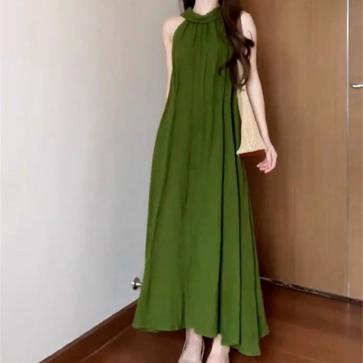 besteffie 고급 홀터넥 여성용 여름 하이 웨이스트 롱 드레스 허리끈 장식 루즈핏 플로우 슬리브리스 단톤 원피스 K12