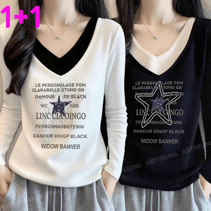 JUSTFEELING 11 도톰한 레이어드 긴팔티셔츠 여성 날씬해보이는 프린트티 브이넥 레터링 두꺼운 이너티 봄가을 겨울 따뜻한 박시티 80kg까지