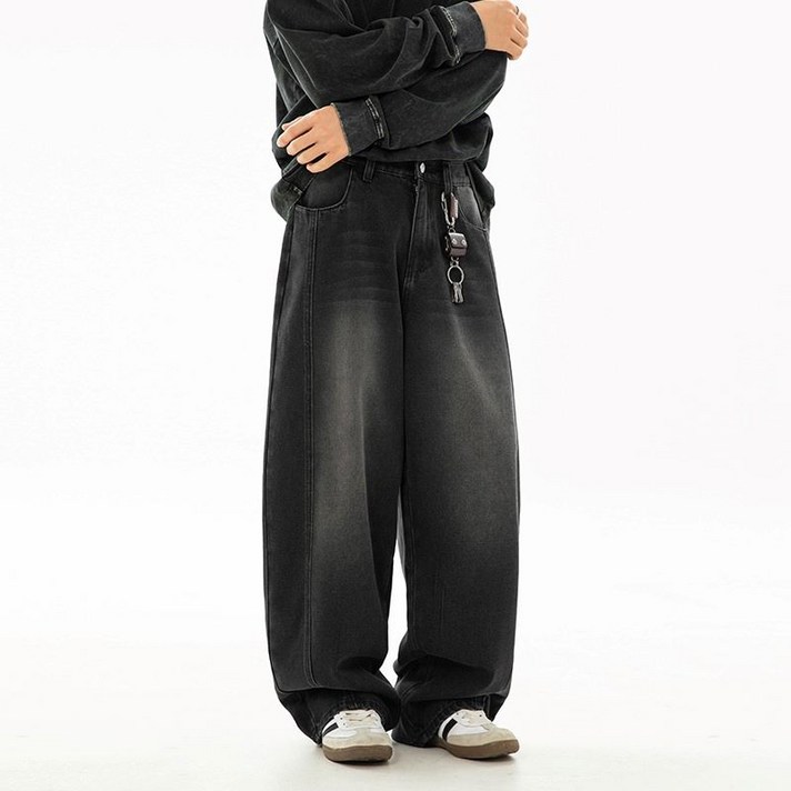 비비디아 남성용 빈티지 워싱 오버핏 데님 펜츠 루즈핏 롱 청바지 5523