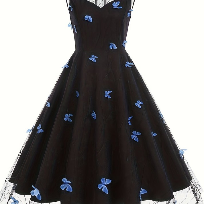 휴양지원피스 베트남여행룩 다낭 블룸 버터플라이 프린트 메시 스플라이싱 에이라인 드레스 봄과 여름 위한 빈티지 레이어드 러플 헴 스윙 탱크 여성 의류