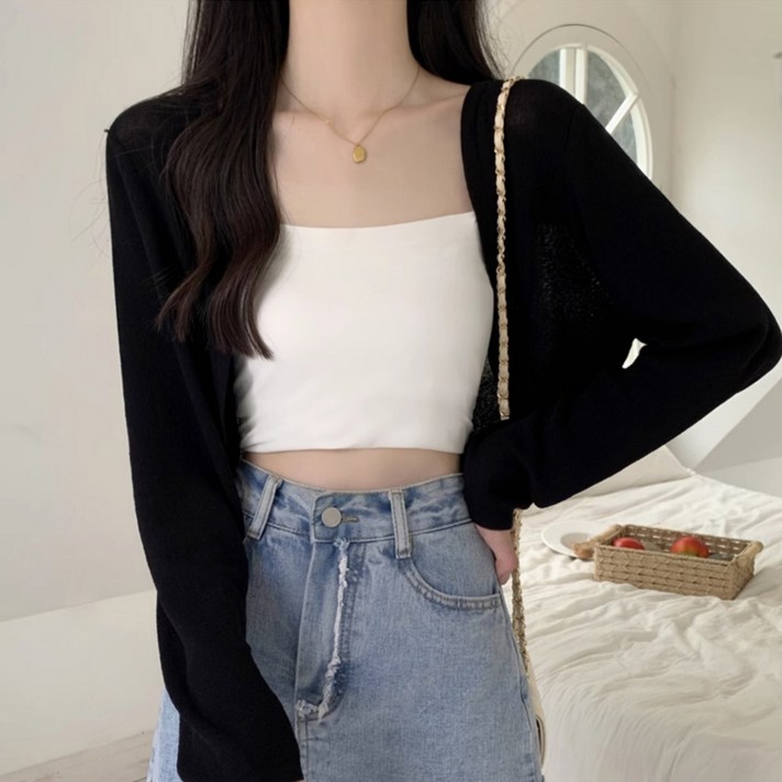 앙또드 볼레로 스판 니트 여자 크롭 가디건 데일리 솜사탕 레어이드 커버업 부클 봄 여름 가을 간절기 비치 가디건 살안타템