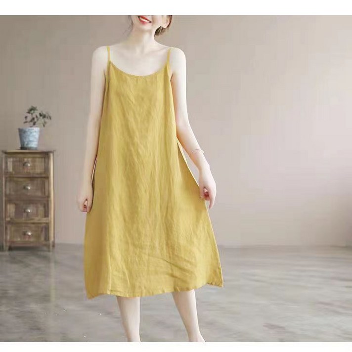 여성 린넨 원피스 캐주얼 봄 여름 롱 면 마 원피스 루즈핏 솔리드 끈나시 민소매 린넨 원피스 LPC