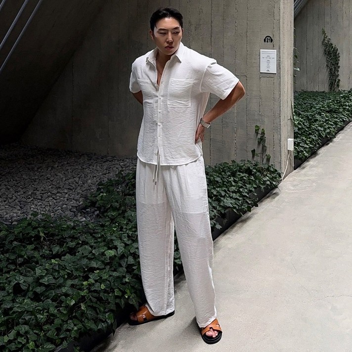 남자린넨셋업 AZ로저 에어린넨 투포켓 셔츠 세트 오버핏남방 밴딩 여름긴바지 와이드팬츠