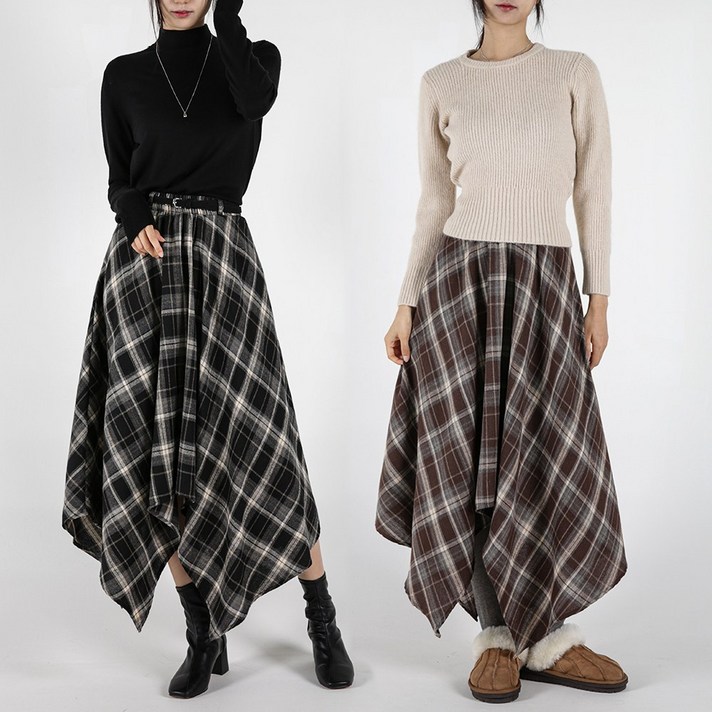 오버나인 여자 여성 언발 체크 A라인 롱 스커트 치마