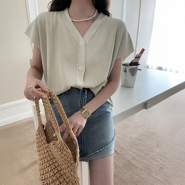 블랑루즈 마릴 베이직 캡소매 반팔 가디건