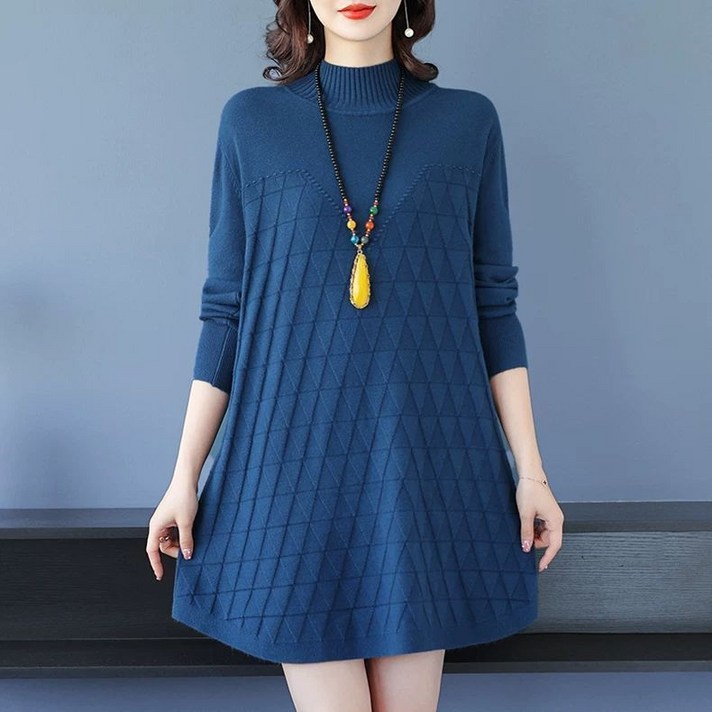 중년 여성 가을 겨울 니트 원피스 긴소매 라운드 캐주얼 원피스 엄마 스웨터 a라인 스커트 SYW