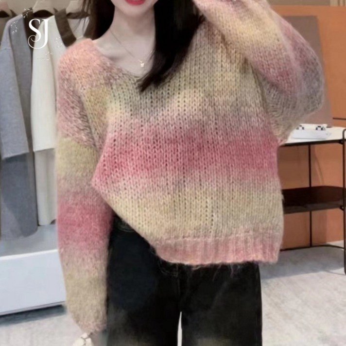 에스제이 그라데이션니트 무지개 스웨터 파스텔 풀오버 루즈핏