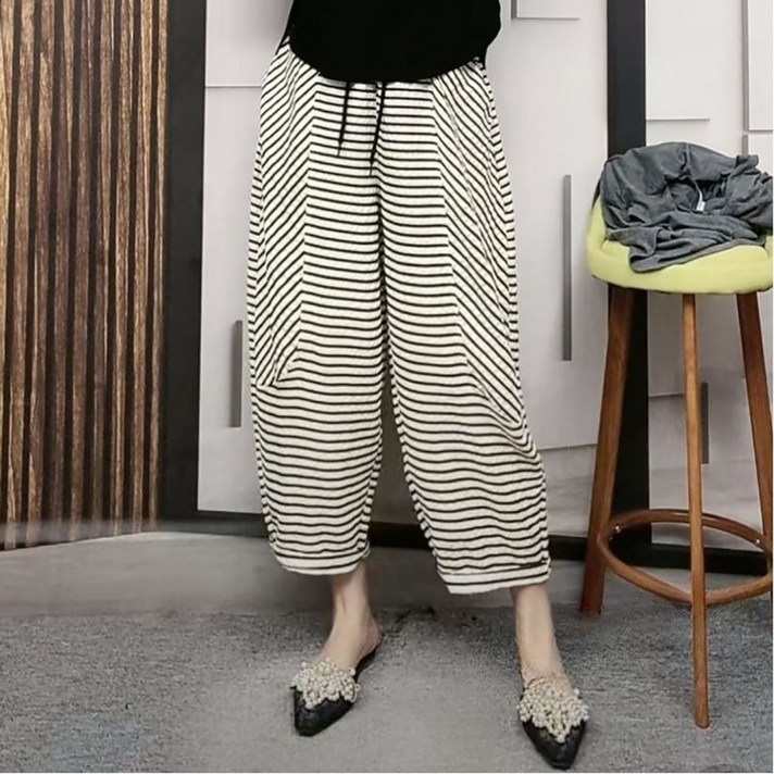 MOSAIRATION 여성 여름 스트라이프 루즈핏 허리밴딩 주머니 캐주얼 하렘 9부바지 B0043021