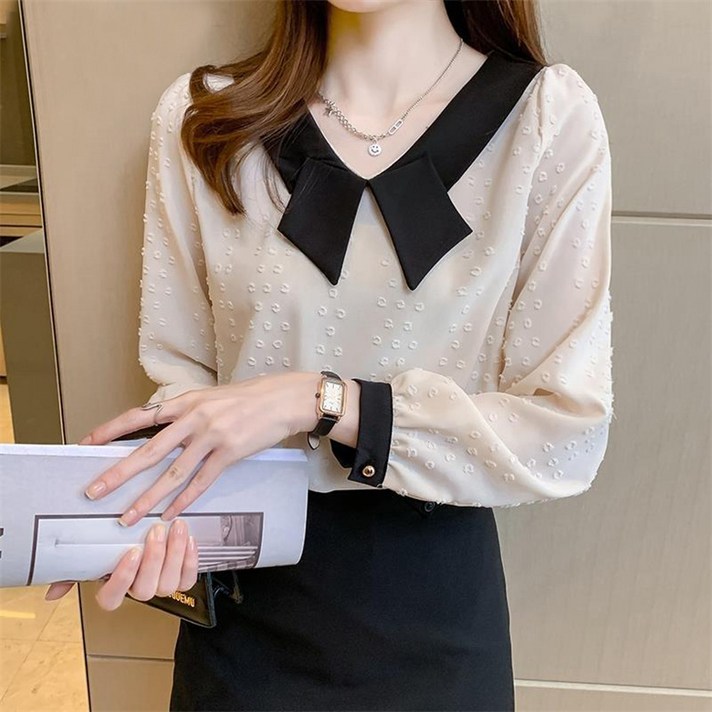 TKX 여성 블라우스 봄 가을 패션 우아한 스타일 무지 베이직 배색 셔츠 중년여성 편안한 데일리룩 K73