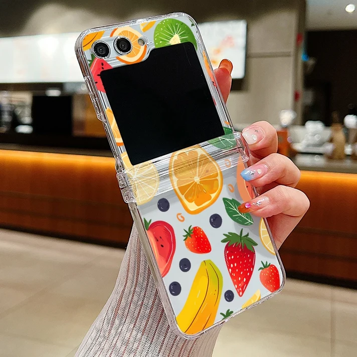 화려한 과일 패턴 접이식 폰 케이스 삼성 갤럭시 Z 플립7 FE 투명 PC 커버 4 3 용