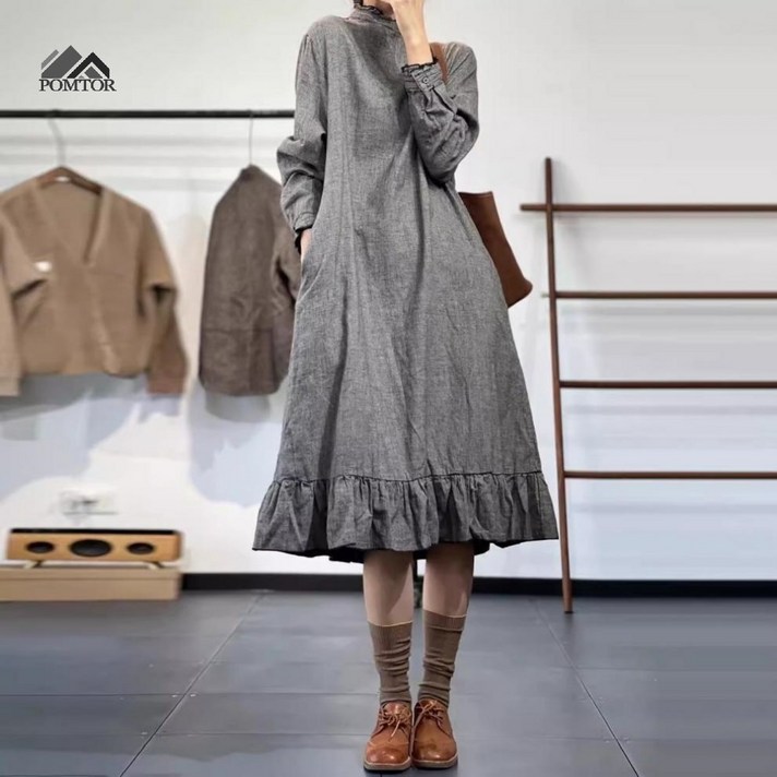 POMTOR 여성 롱 원피스 루즈핏 프릴 가을철 긴팔 원피스