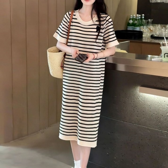 Makone 여성 라운드넥 니트 펀칭 롱 원피스 여름 프렌치 쿨 스트라이프 루즈핏 데일리 롱길이 반팔 티셔츠