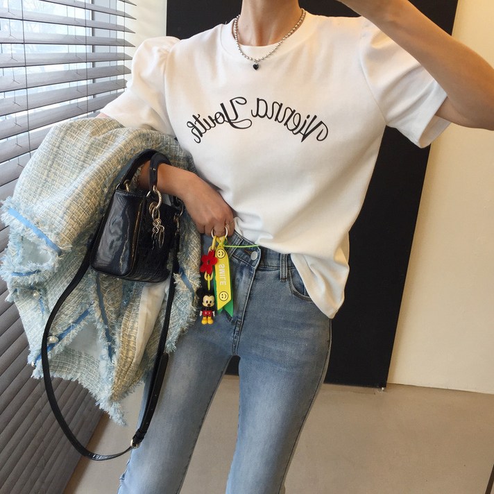센터 레터링 라운드 퍼프 반팔티셔츠 (7color)