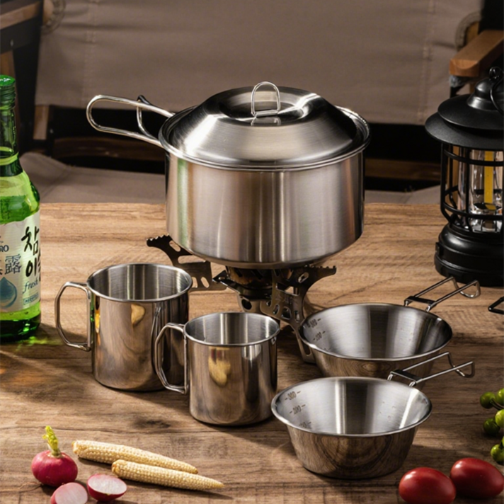 LUMANOKI 필요한것만 챙기는 12인용 스텐 냄비1P 시에라컵2P 캠핑컵 2P 캠핑 5P세트 코펠세트 보관파우치세트, 5개, 5종 세트 캠핑 식기 세트