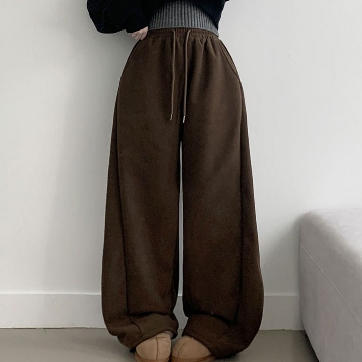 부기샵 융기모 퍼른 골덴 와이드핏 사이드 폴링 핀턱 롱 밴딩팬츠