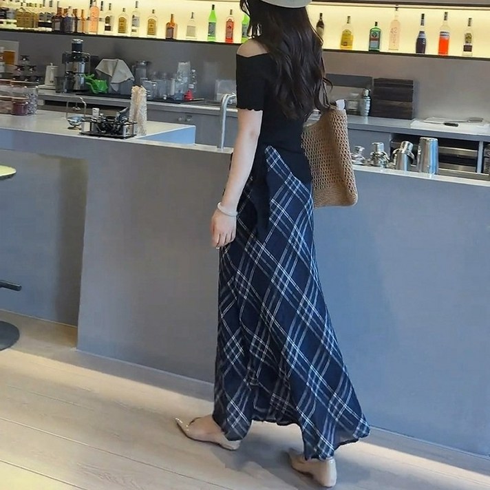 Asure 여성 빈티지 체크 스커트 슬림핏 머메이드 스커트