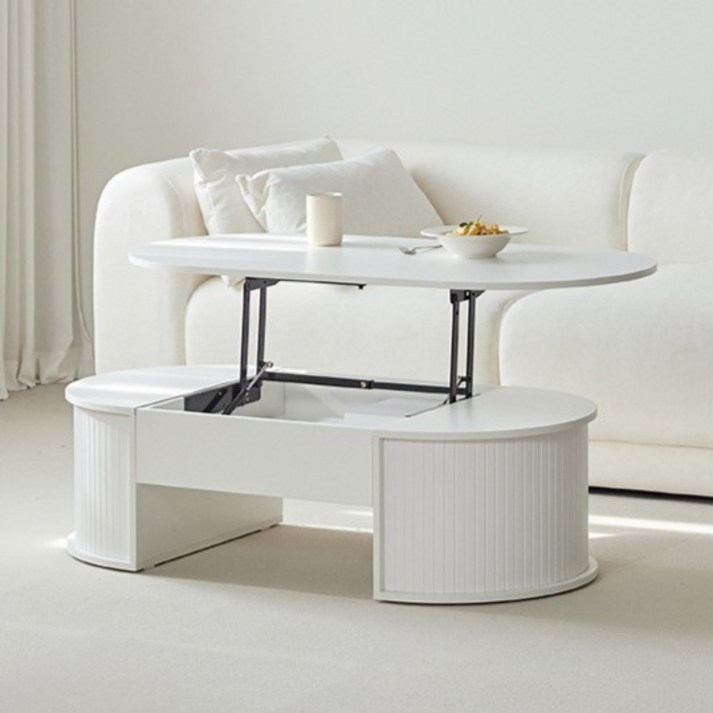 모노 타원형 템바보드 리프트업 거실 소파 테이블 방문설치, 화이트