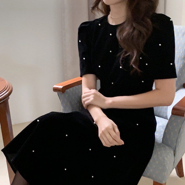 벨벳 연말 크리스마스 진주 원피스 돌잔치 셀프웨딩 상견례 피로연 반팔 플레어 원피스