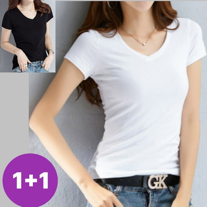 빠른토끼 여성 슬림 브이넥 반팔 티셔츠 무지 스판 1+1