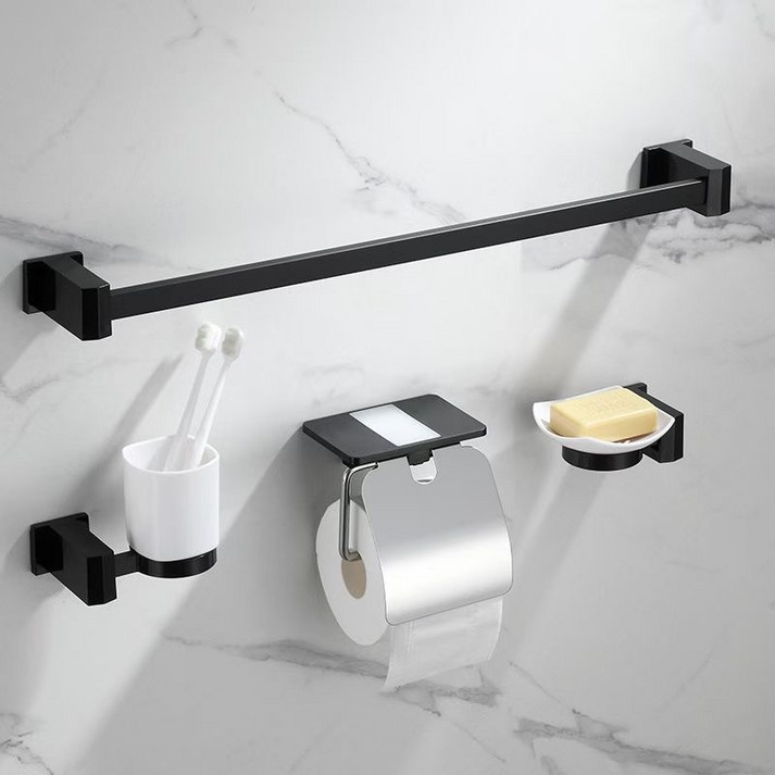 모던 심플 욕실 실속형 악세사리 4종 세트, 유광블랙, 1세트