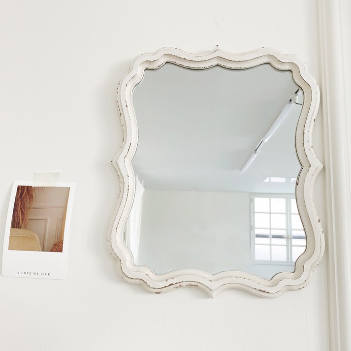 빈티지 프렌치 쉐비 화이트 엔틱 벽걸이 거울 우드 카페 화장대 매장 인테리어 (A)32X39