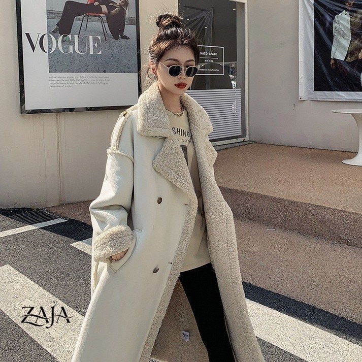 ZAJA 여성 겨울 크림 스웨이드 롱 코트 캐주얼 오버핏 털안감 아우터