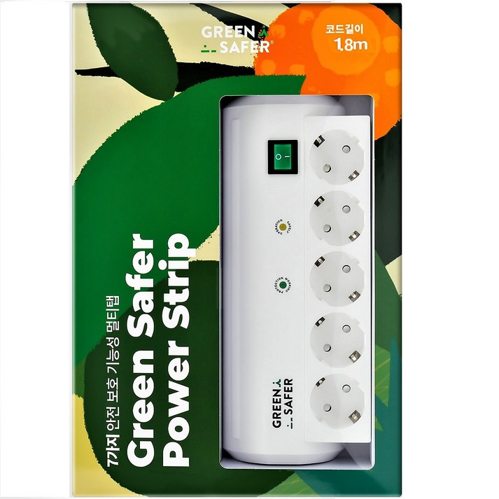 그린세이퍼 전자파차단멀티탭 5구 7가지 안전기능 - 전자파차단,노이즈차단 낙뢰,서지차단 스파크 고온감지차단 화재차단 과부하차단 과전류차단, 1개, 1.8m