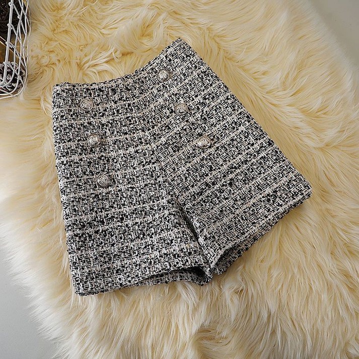 POMTOR 여성 캐주얼 트위드 반바지 패션 와이드팬츠