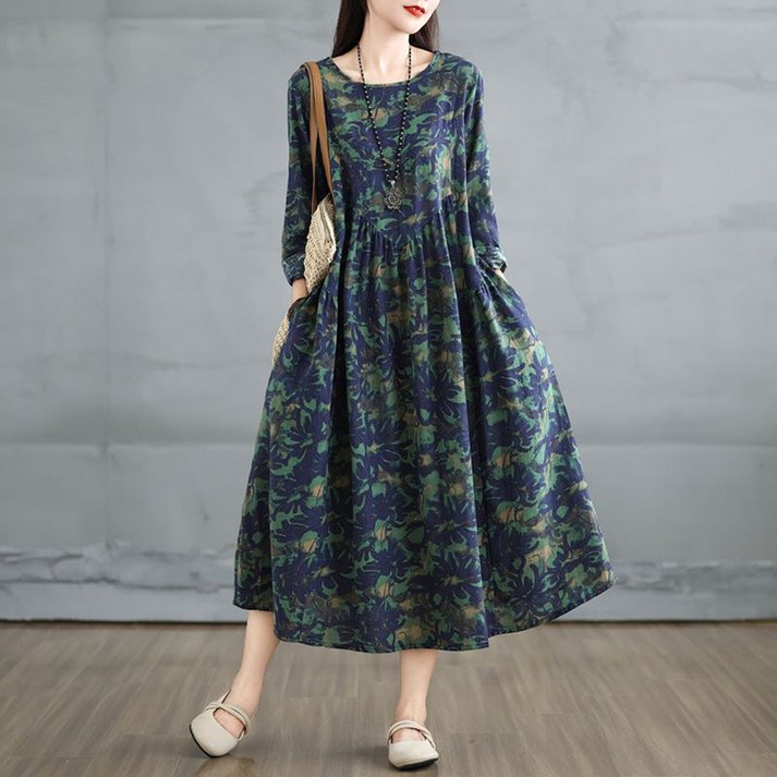 ORZQU 가을 여성 긴팔 원피스 빅사이즈 라운드 루즈핏 캐주얼 면 마 프린트 원피스