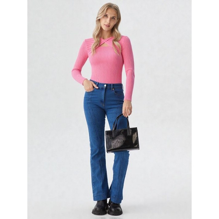 에고이스트 핑크 슬림핏 꼬임 골지 티셔츠 EN4KL161