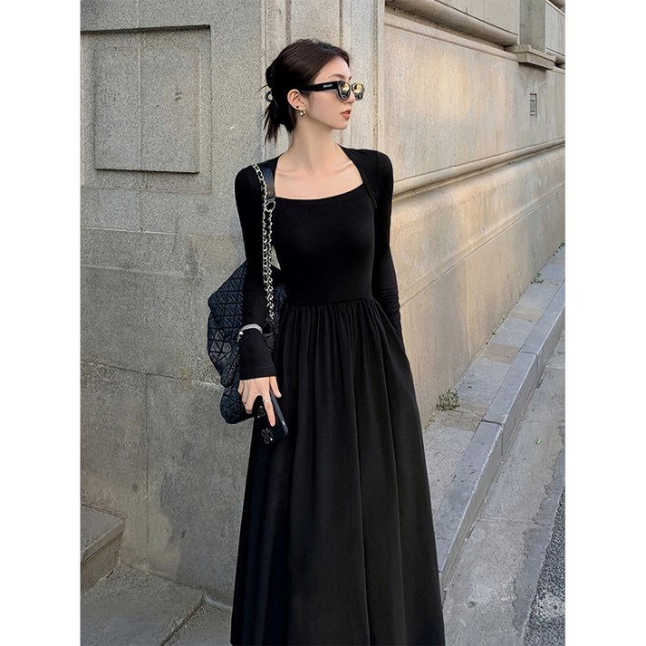 Kdragon 여성 심플 드레스  원피스 넥파임 스퀘어넥 긴팔 맥시 원피스 롱슬리브 허리벨트 A라인 하이앤드