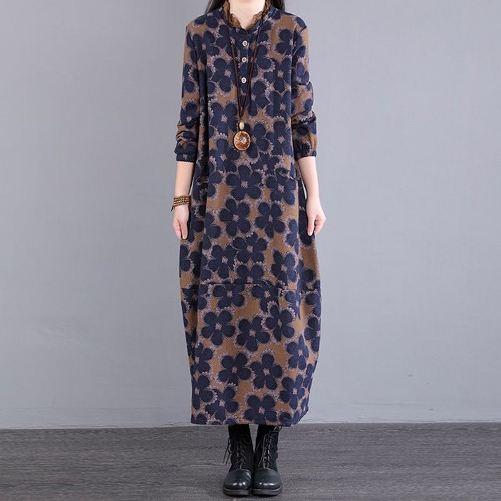 ORZQU 가을 겨울 여성 기모 면 마 원피스 수술 네크라인 롱 루즈핏 캐주얼 플라워 원피스