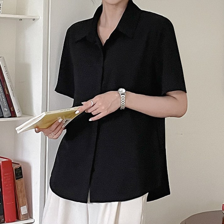 오버나인 여성 히든버튼 반팔 데일리 반팔 셔츠 블라우스 오버나인 여성 히든버튼 반팔 데일리 반팔 셔츠 블라우스
