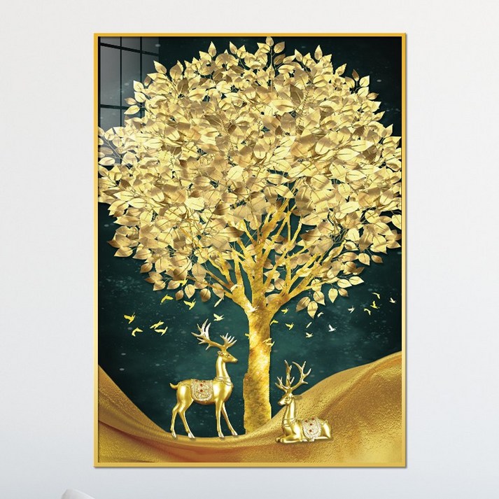 집들이액자 아트블루 부자되는 황금 코인 나무 그림 풍수 인테리어 소품 액자, 1번 커플 사슴 황금나무 [청]배경 [세로]