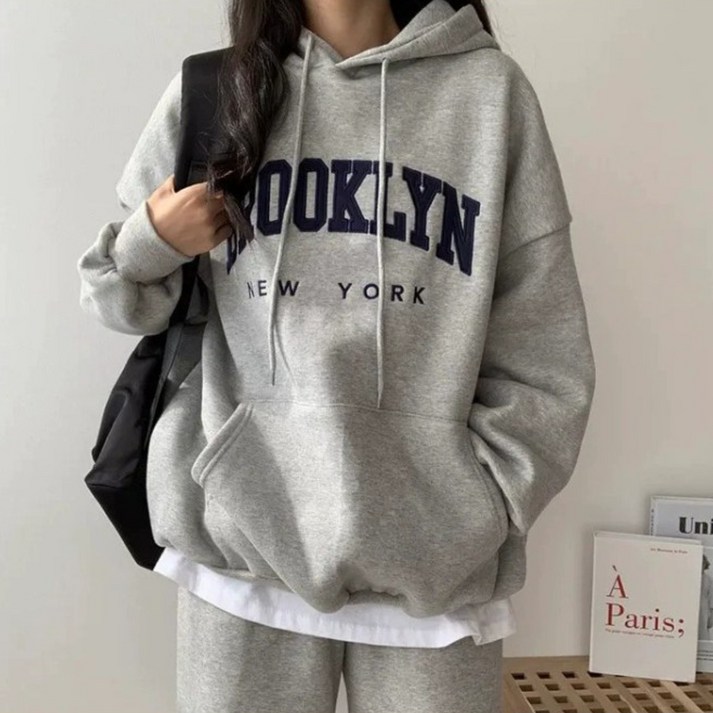 UEARTH 브루클린 뉴욕 기모 후드티 레이어드룩 루즈핏 자수레터링