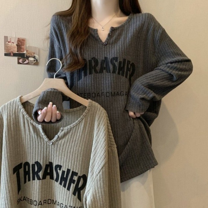 타임퓨어 11 여성 100kg까지 빅사이즈 인기상품 레이어드 맨투맨 여성 봄 가을 편한 V넥 긴발