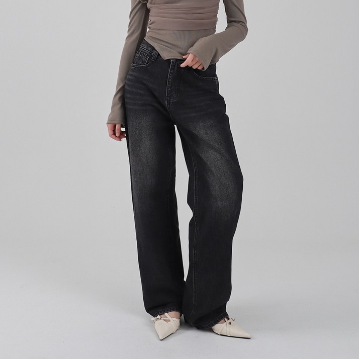 수비진 여성용 롱숏 기장 워시드 워싱 일자핏 청바지